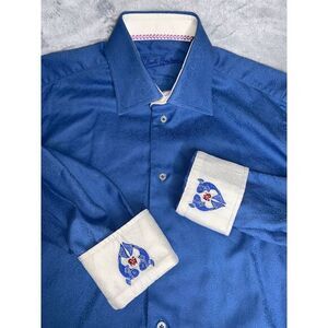 Robert Graham Shirt Mens Small Blue Button Up Flip Cuff Fish Embroidered Classic